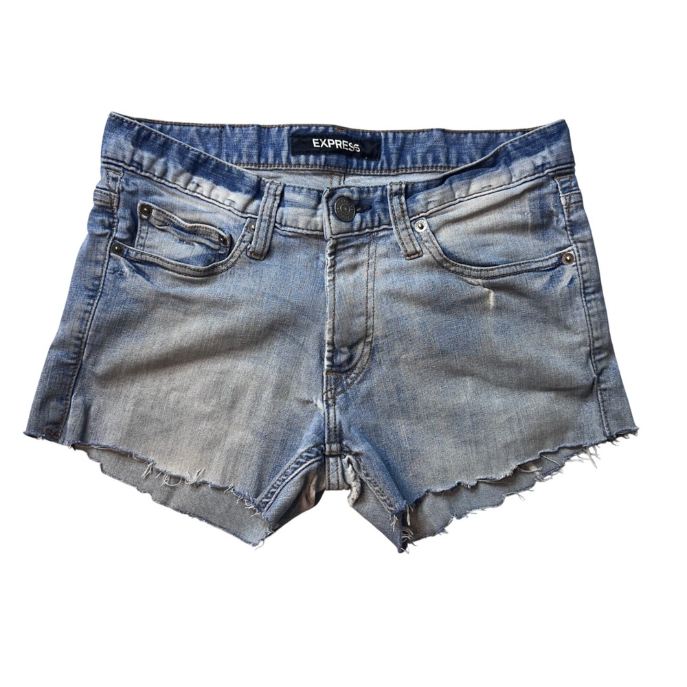 Express Shorts Womens 28 Light Blue Tough Denim Skinny Cutâ Off Raw Hem Stretch